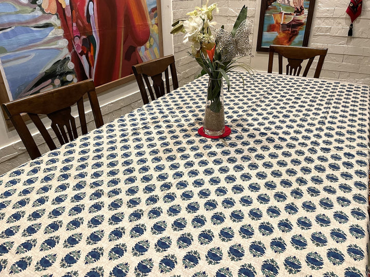 Gulbahar 100% Cotton 8 Seater Table Cover- Blue