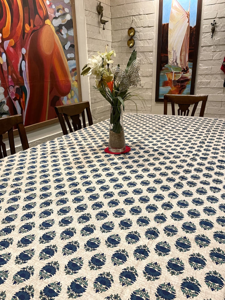 Gulbahar 100% Cotton 8 Seater Table Cover- Blue