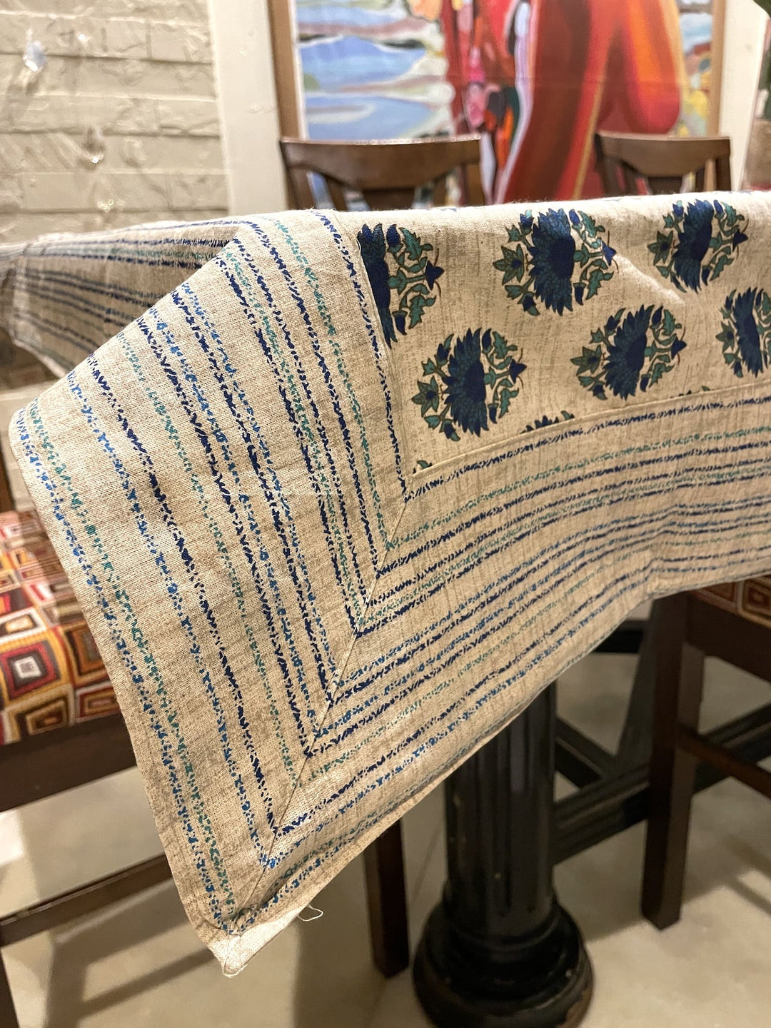 Gulbahar 100% Cotton 8 Seater Table Cover- Blue