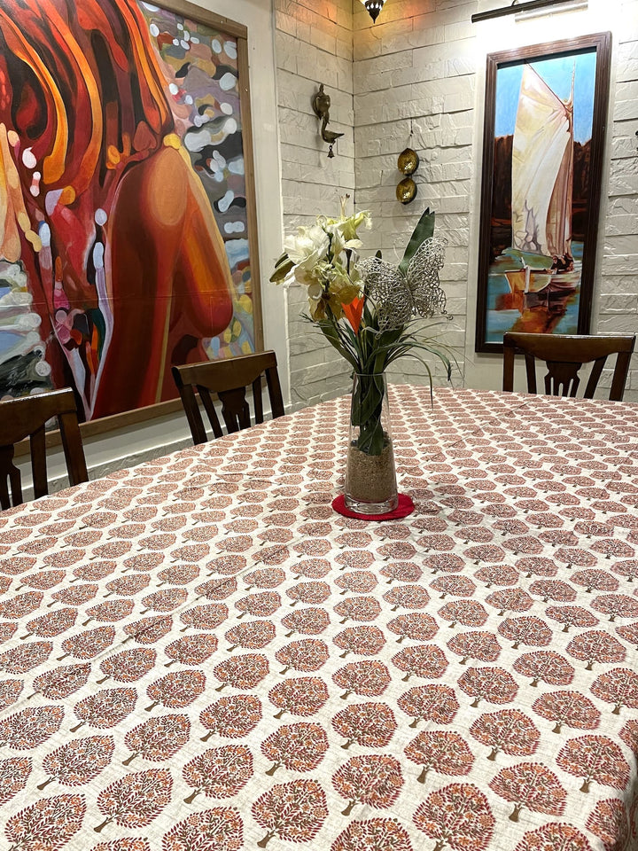 Paan Motif 100% Cotton 8 Seater Table Cover(60 x 108 inches)- Red