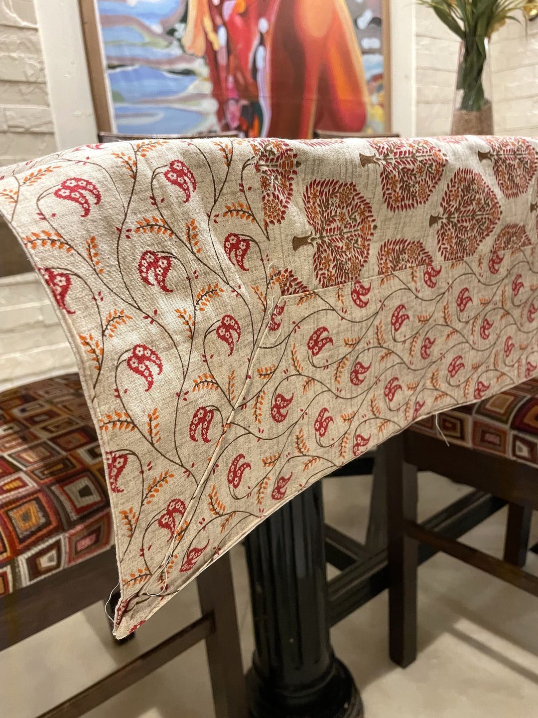 Paan Motif 100% Cotton 8 Seater Table Cover(60 x 108 inches)- Red