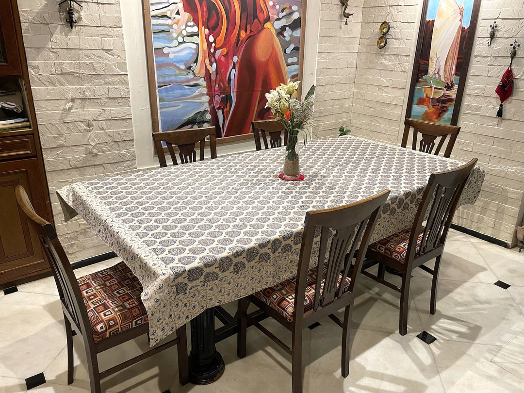 Paan Motif 100% Cotton 8 Seater Table Cover (60 x 108 inches) -Blue
