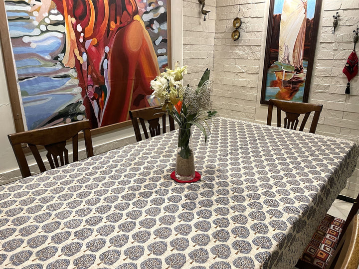 Paan Motif 100% Cotton 8 Seater Table Cover (60 x 108 inches) -Blue