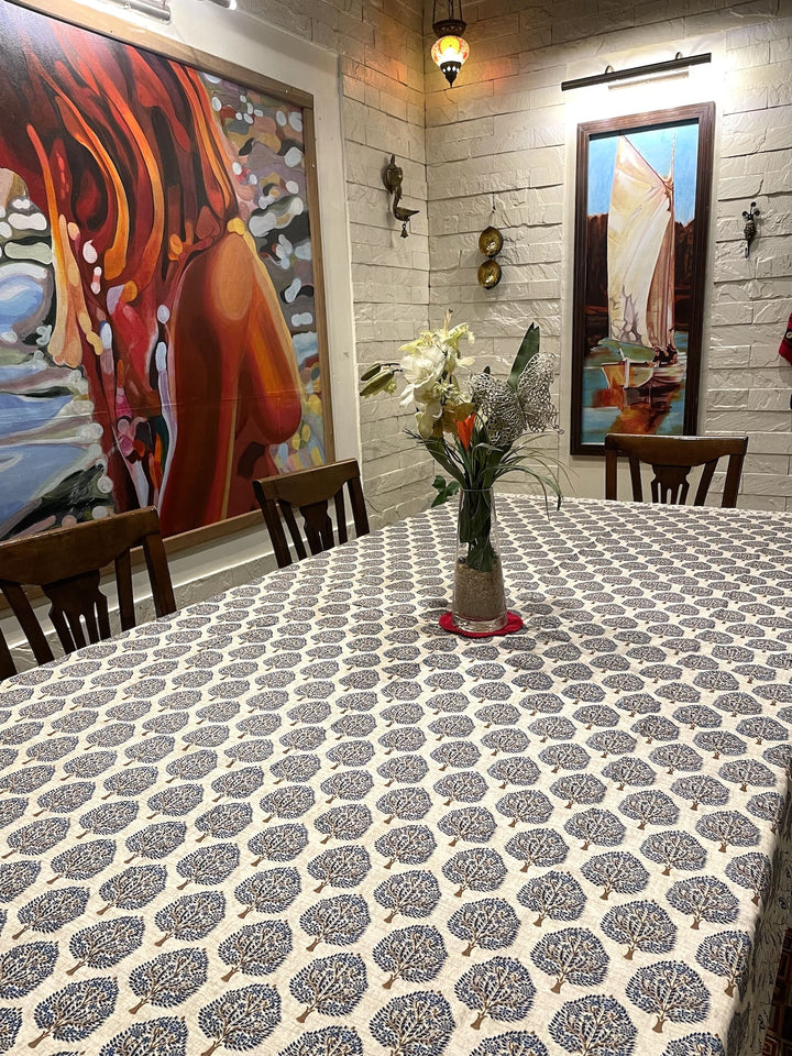 Paan Motif 100% Cotton 8 Seater Table Cover (60 x 108 inches) -Blue