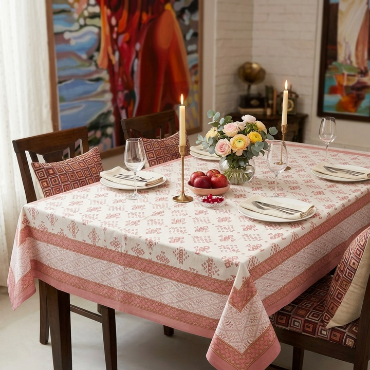 Mehrab 100% Cotton 6 Seater Table Cover (60 x 90 inches)- Pink