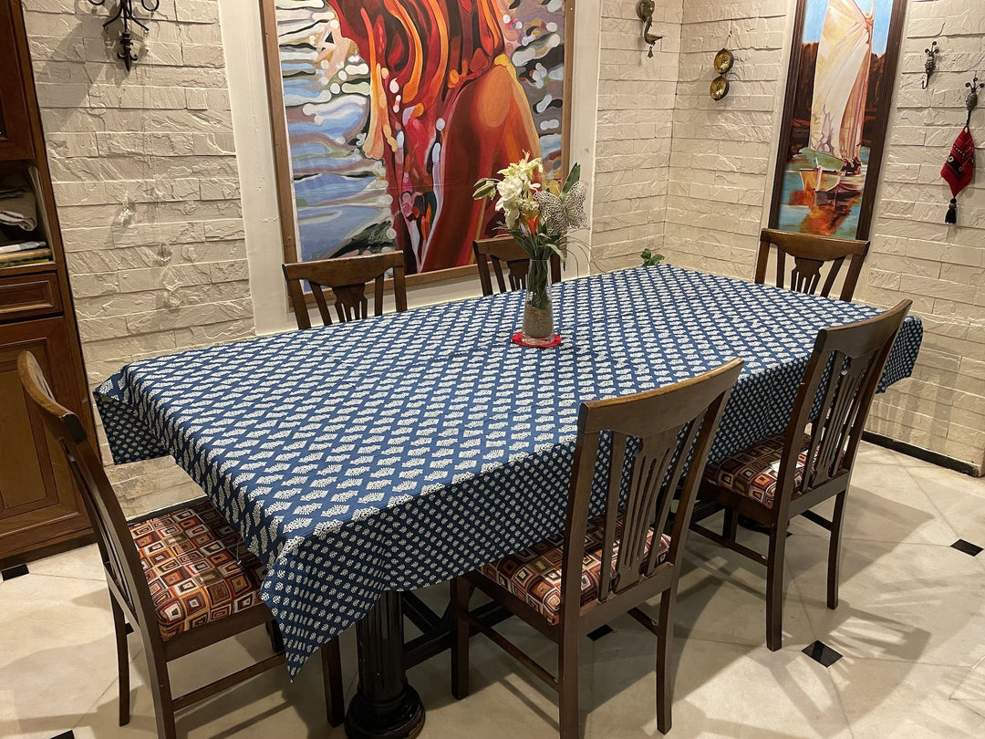 Blue Mogra Motif 100% Cotton 6 Seater Table Cover(60 x 90 inches)
