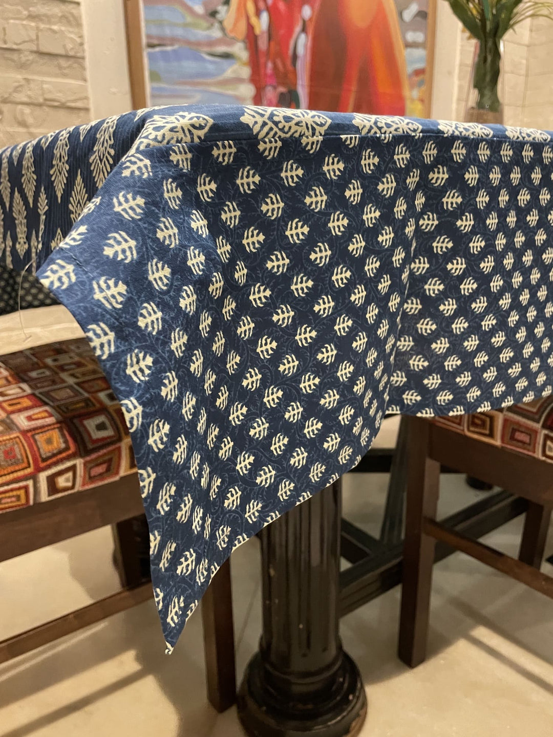 Blue Mogra Motif 100% Cotton 6 Seater Table Cover(60 x 90 inches)