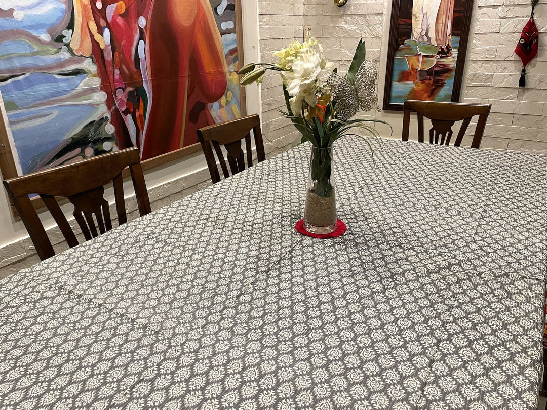 Grey Mogra Motif 100% Cotton 4 Seater Table Cover(40 x 60 Inches)