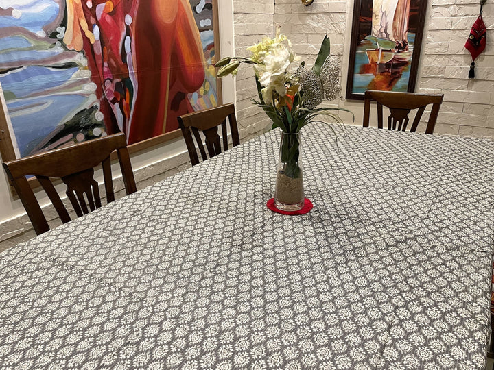 Grey Mogra Motif 100% Cotton 4 Seater Table Cover(40 x 60 Inches)