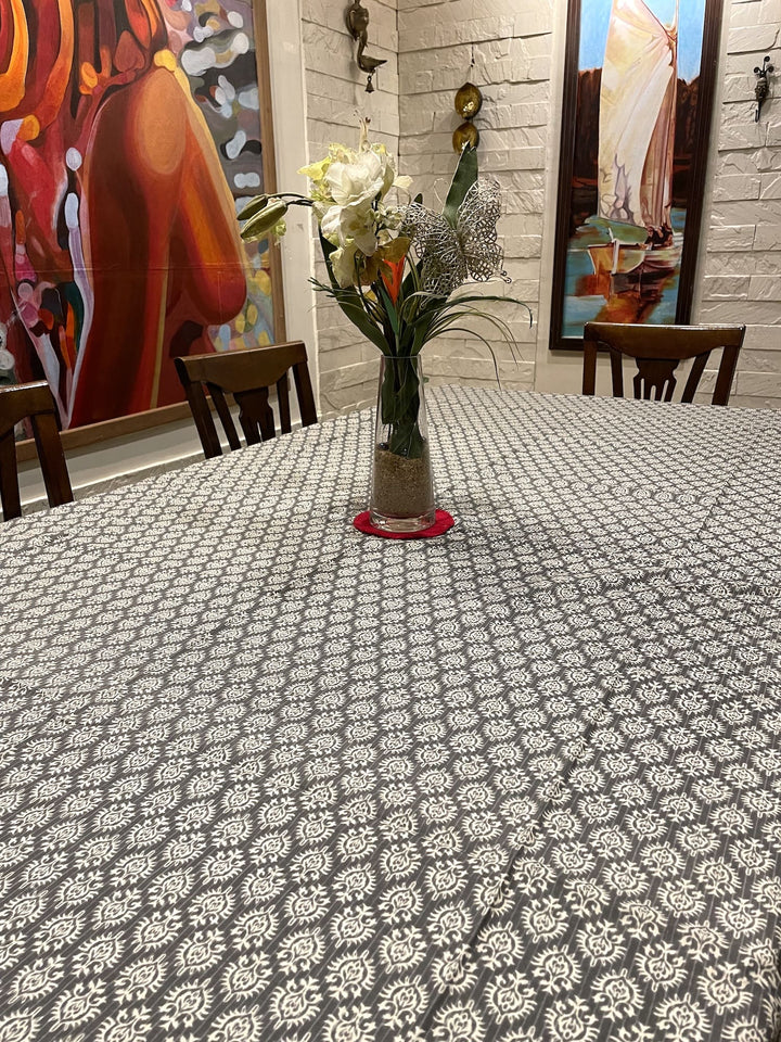 Grey Mogra Motif 100% Cotton 4 Seater Table Cover(40 x 60 Inches)