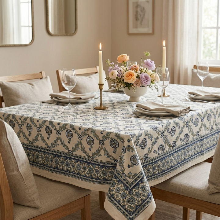 Gulshan 100% Cotton 6 Seater Table Cover(60 x 90 inches)- Blue