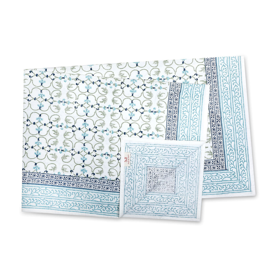 Manjari 100% Cotton Round Table Cover(60 Inches)- Blue