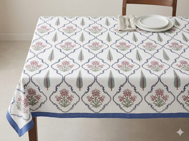 Gulzar 100% Cotton 6 Seater Table Cover(60 x 90 inches) - Gulmohar