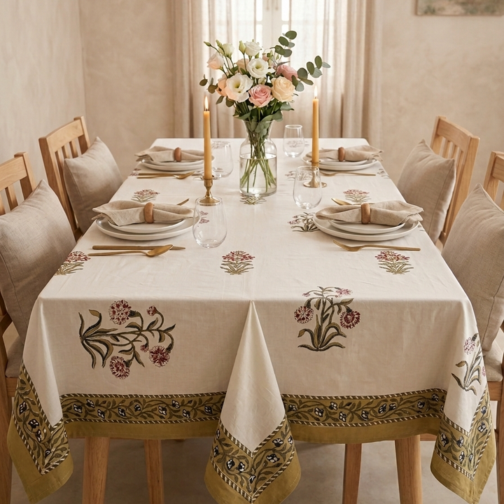 Gulzar 100% Cotton 6 Seater Table Cover - Palash