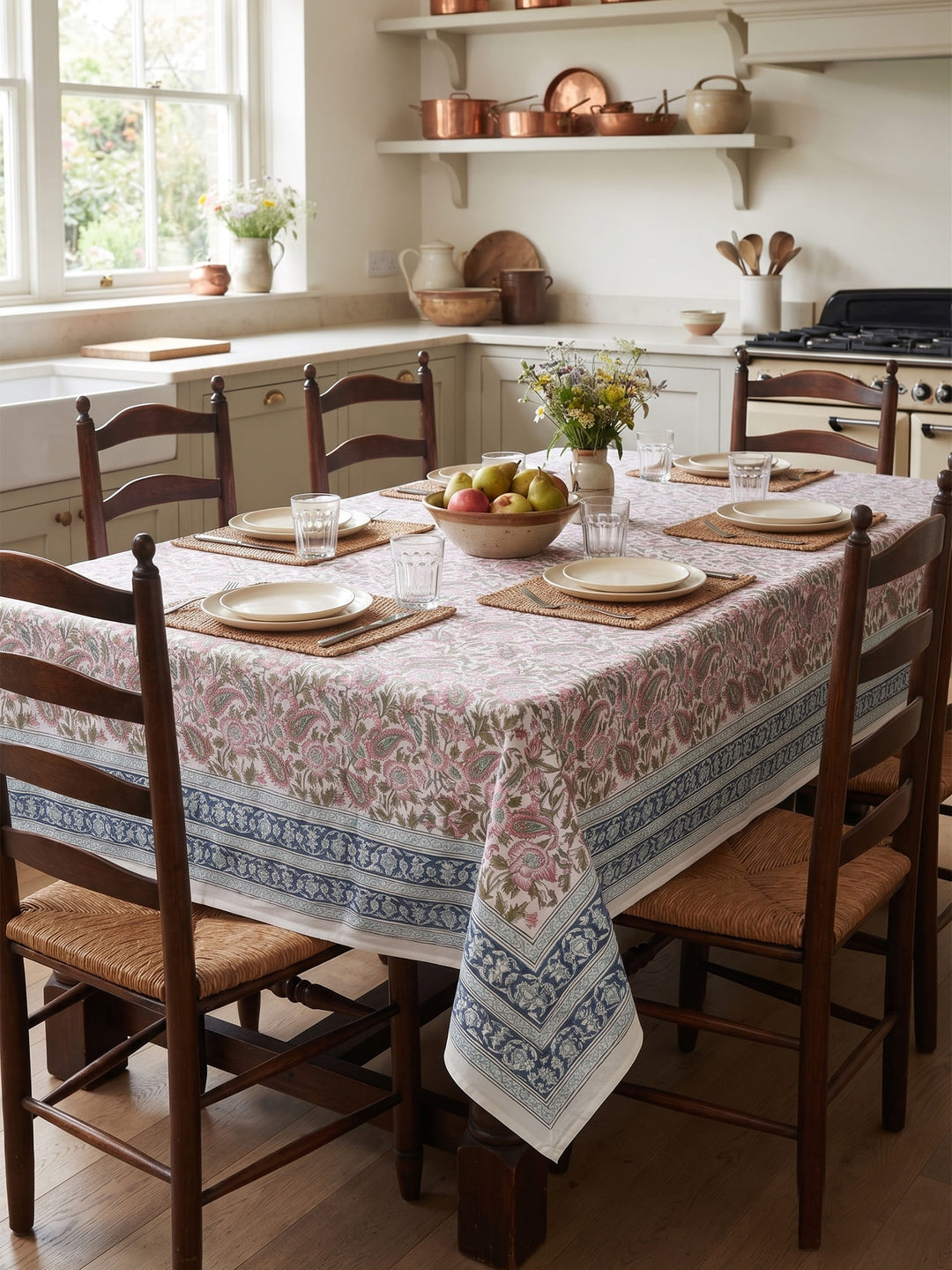 Blue Heritage Bloom Table Cover Hand Block - 6 Seater -231