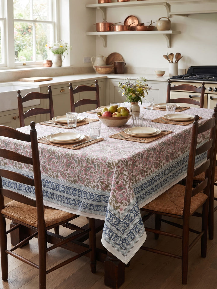 Blue Heritage Bloom Table Cover Hand Block - 6 Seater -231