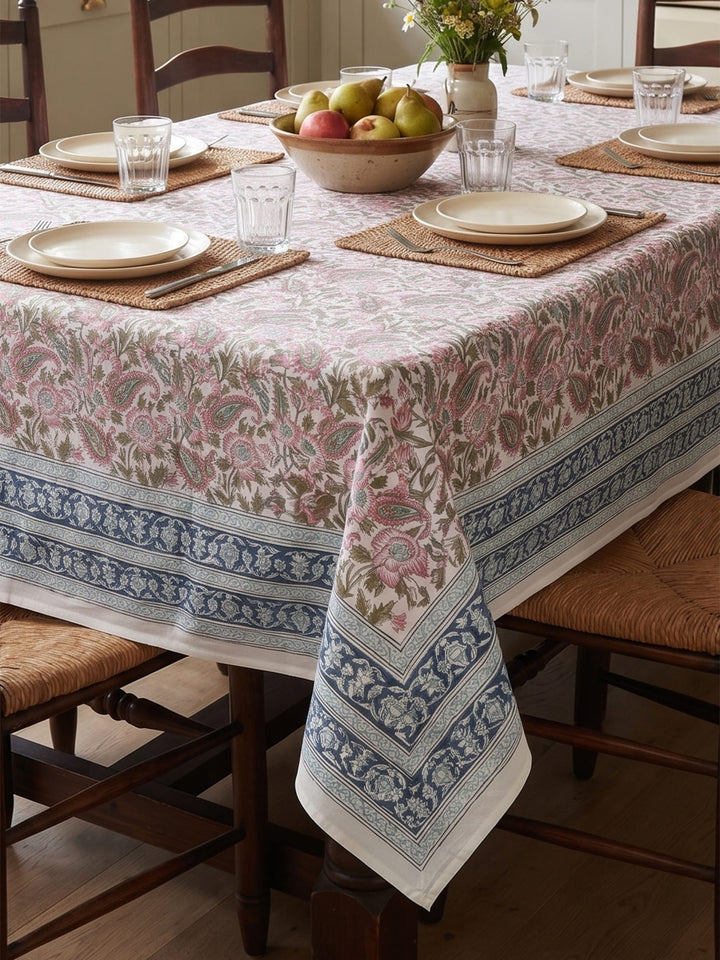 Blue Heritage Bloom Table Cover Hand Block - 6 Seater -231