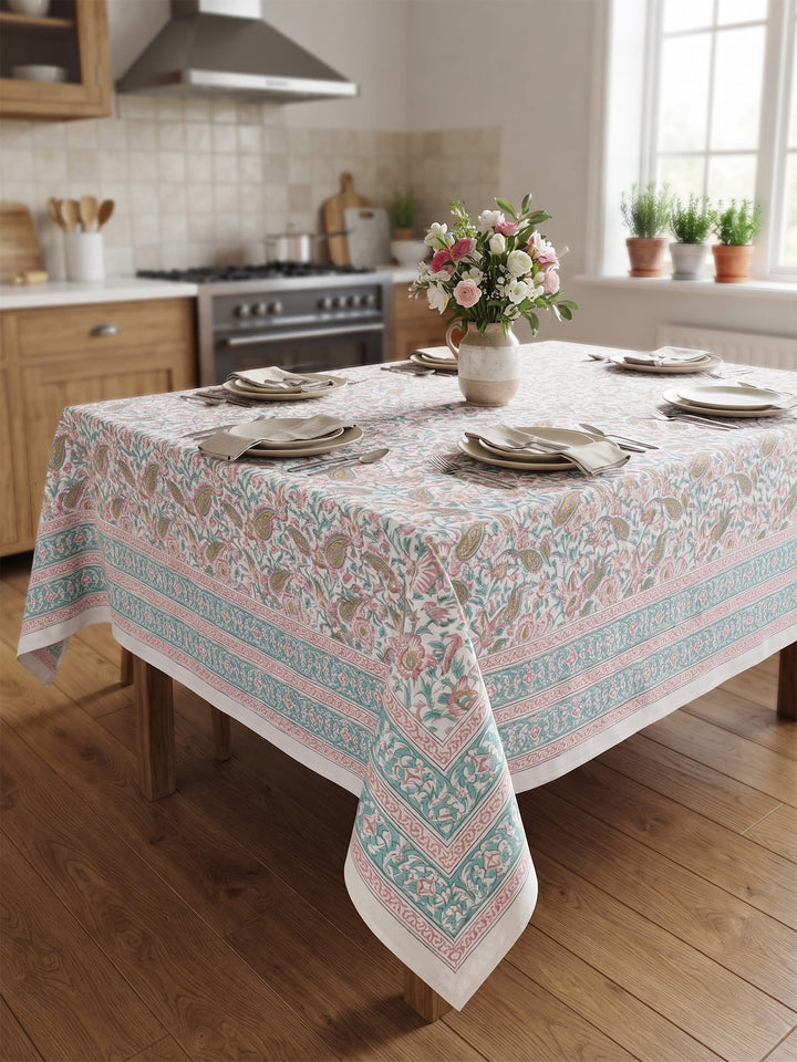 Pink Heritage Bloom Table Cover Hand Block - 6 Seater- 232