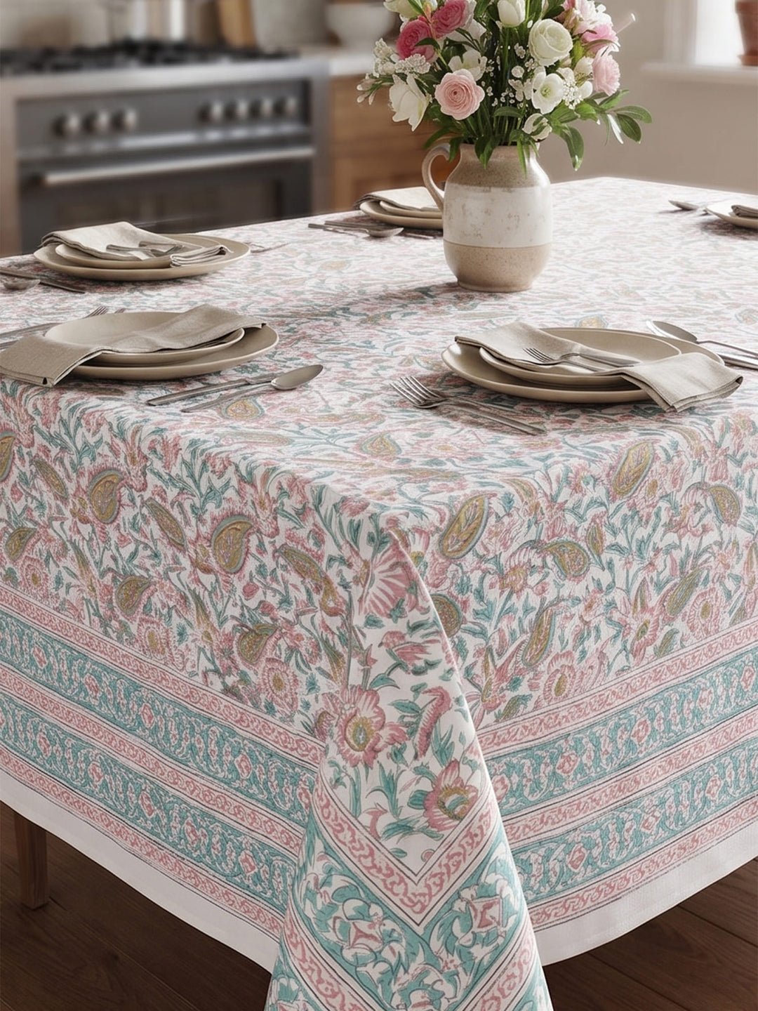 Pink Heritage Bloom Table Cover Hand Block - 6 Seater- 232