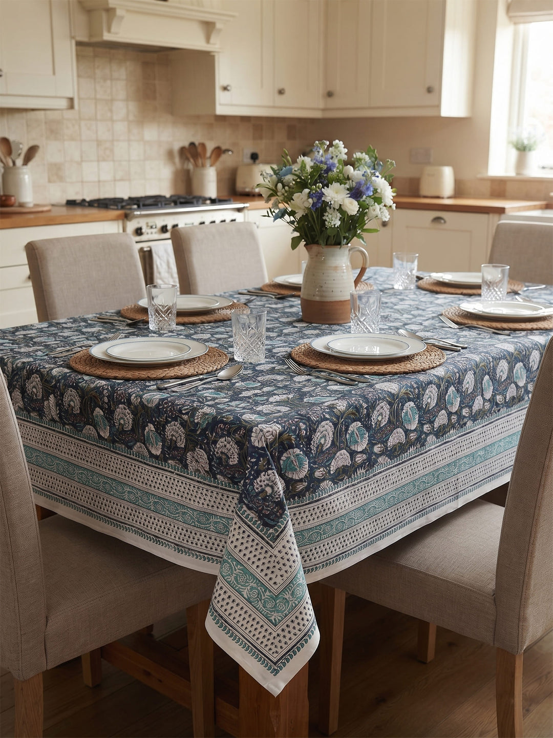 Blue Gulshan Table Cover Hand Block - 6 Seater- 233