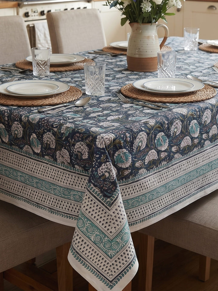 Blue Gulshan Table Cover Hand Block - 6 Seater- 233