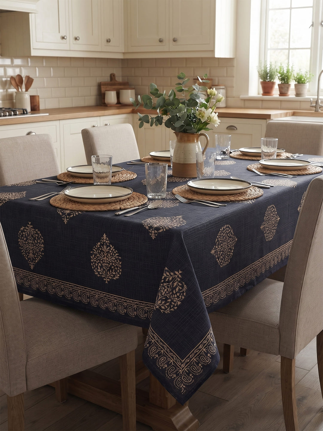 Gold Noor 6 Seater Table Cover - Navy- 234