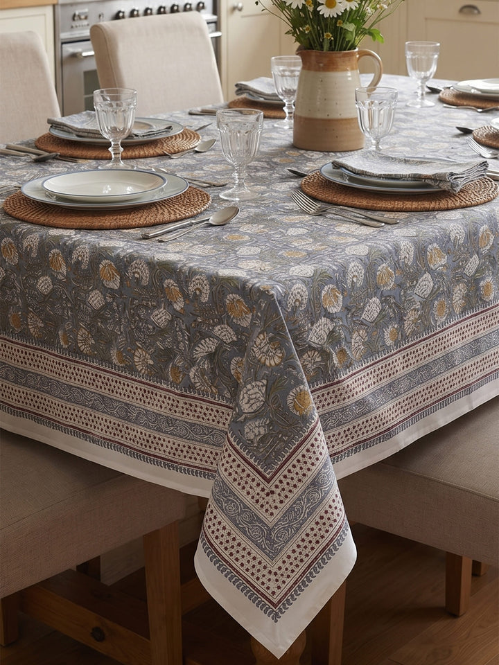 Grey Gulshan Table Cover Hand Block - 6 Seater - 235