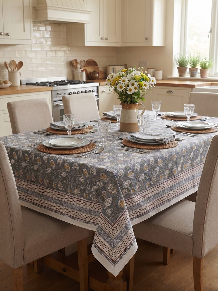 Grey Gulshan Table Cover Hand Block - 6 Seater - 235