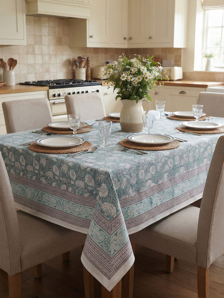 Sky Blue Gulshan Table Cover Hand Block - 6 Seate- 236