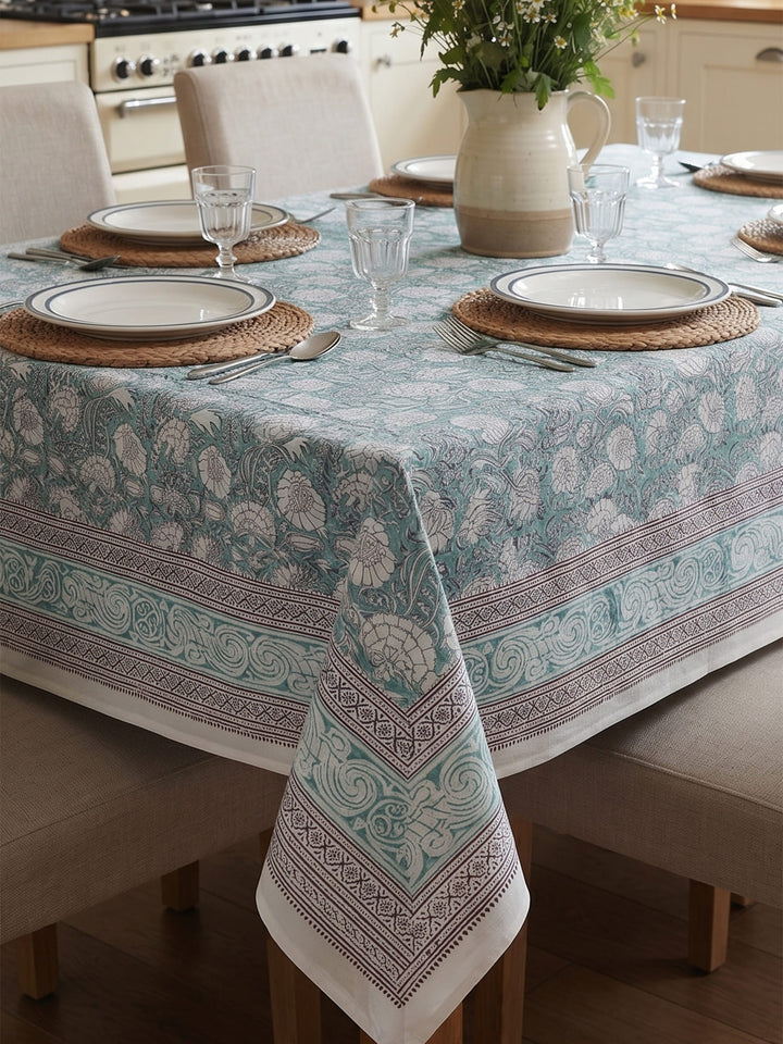 Sky Blue Gulshan Table Cover Hand Block - 6 Seate- 236