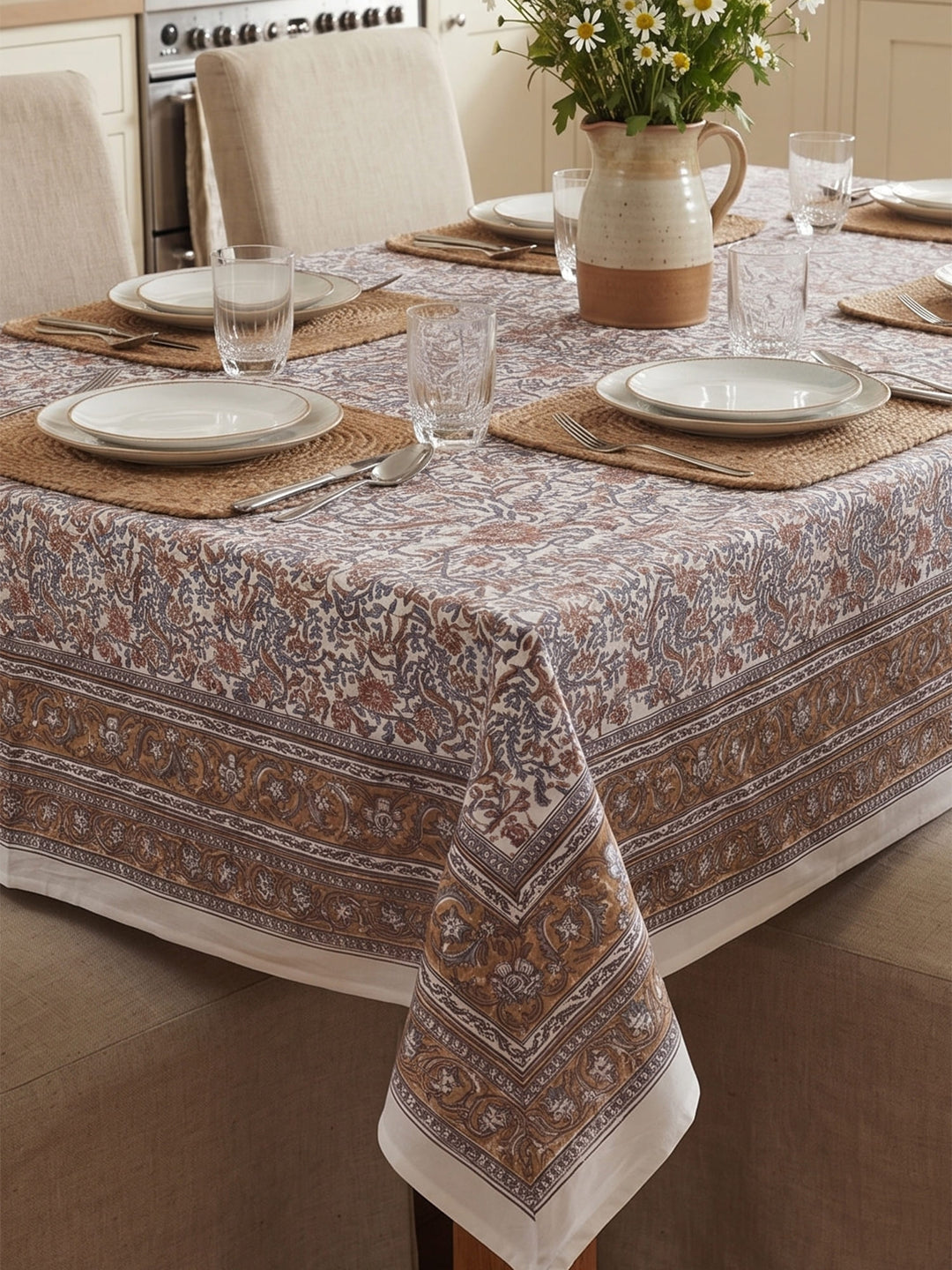 Mustard Heritage Bloom Table Cover Hand Block - 6 Seater - 238