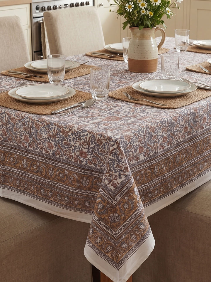 Mustard Heritage Bloom Table Cover Hand Block - 6 Seater - 238