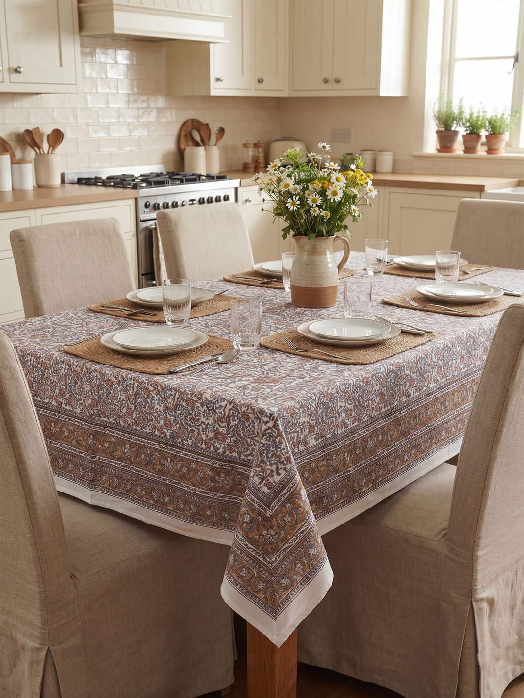 Mustard Heritage Bloom Table Cover Hand Block - 6 Seater - 238