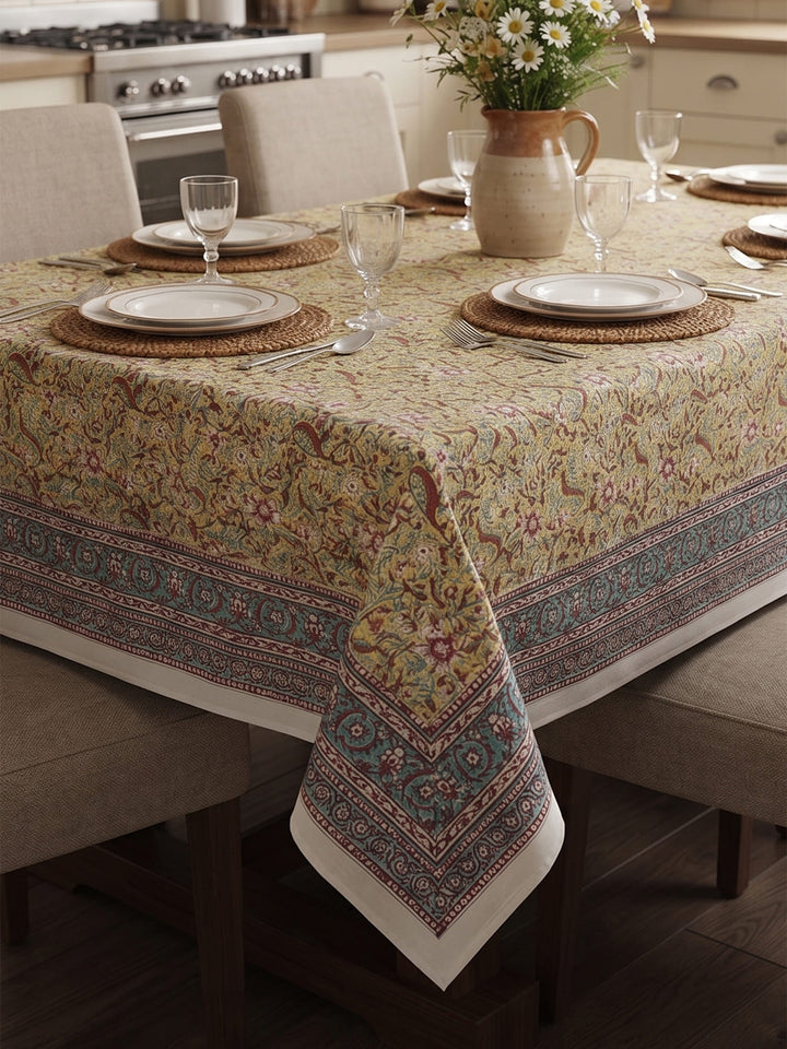 Green Heritage Bloom Table Cover Hand Block - 6 Seater- 239