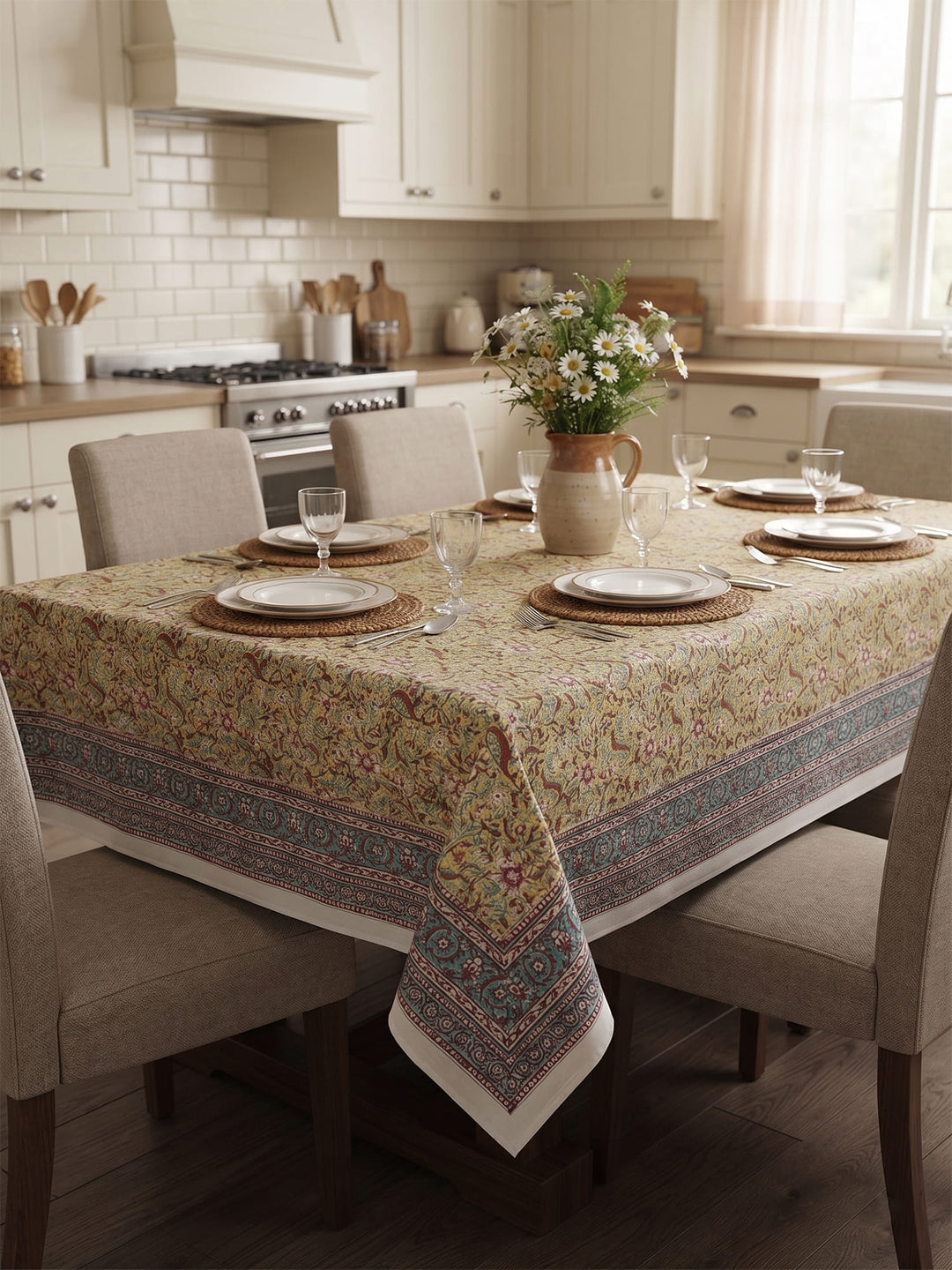 Green Heritage Bloom Table Cover Hand Block - 6 Seater- 239