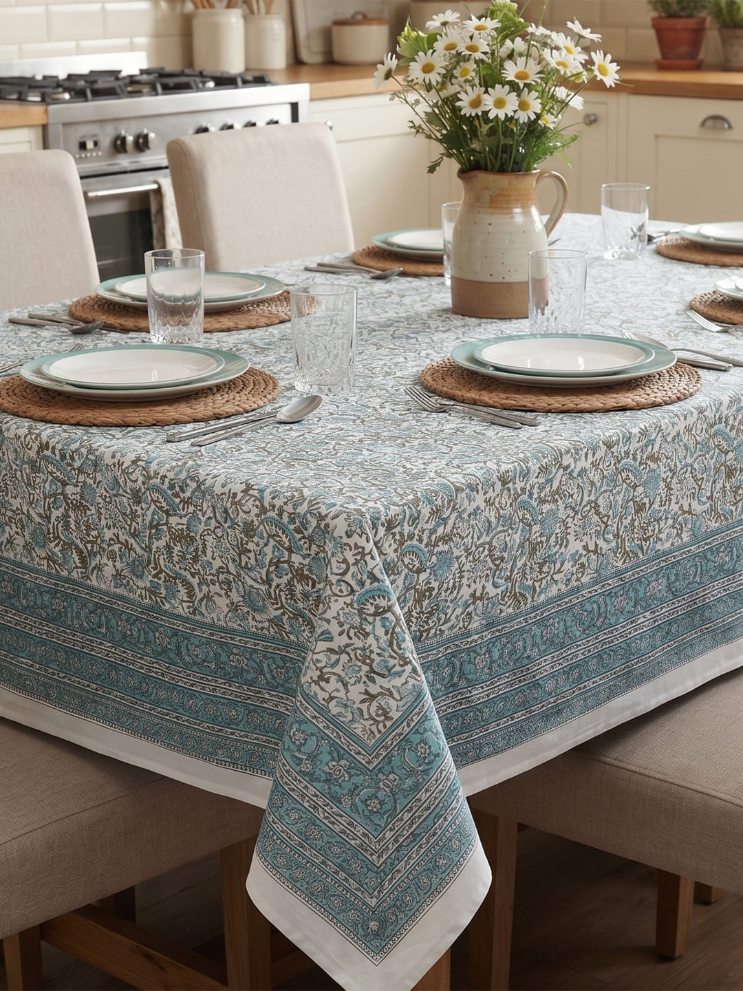 Navy Blue Heritage Bloom Table Cover Hand Block -240