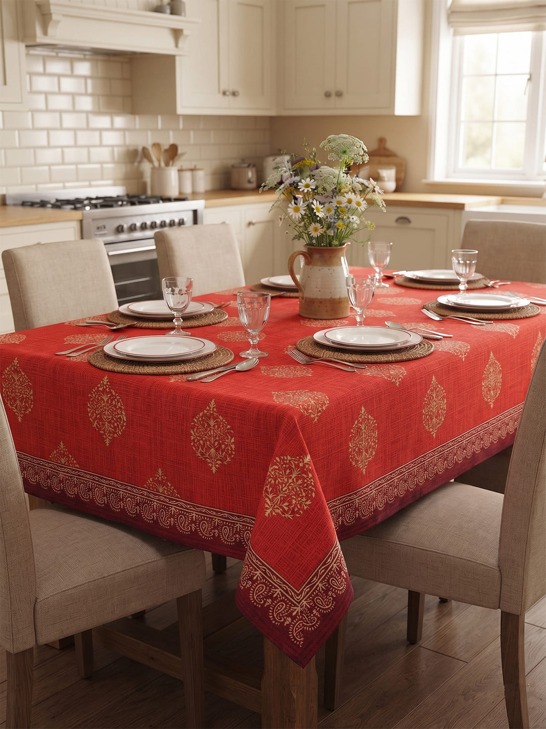 Gold Noor 6 Seater Table Cover - Red - 241