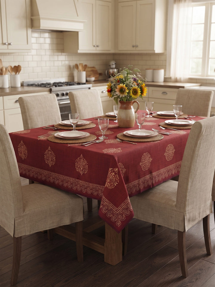 Gold Nazakat 6 Seater Table Cover - Maroon - 243