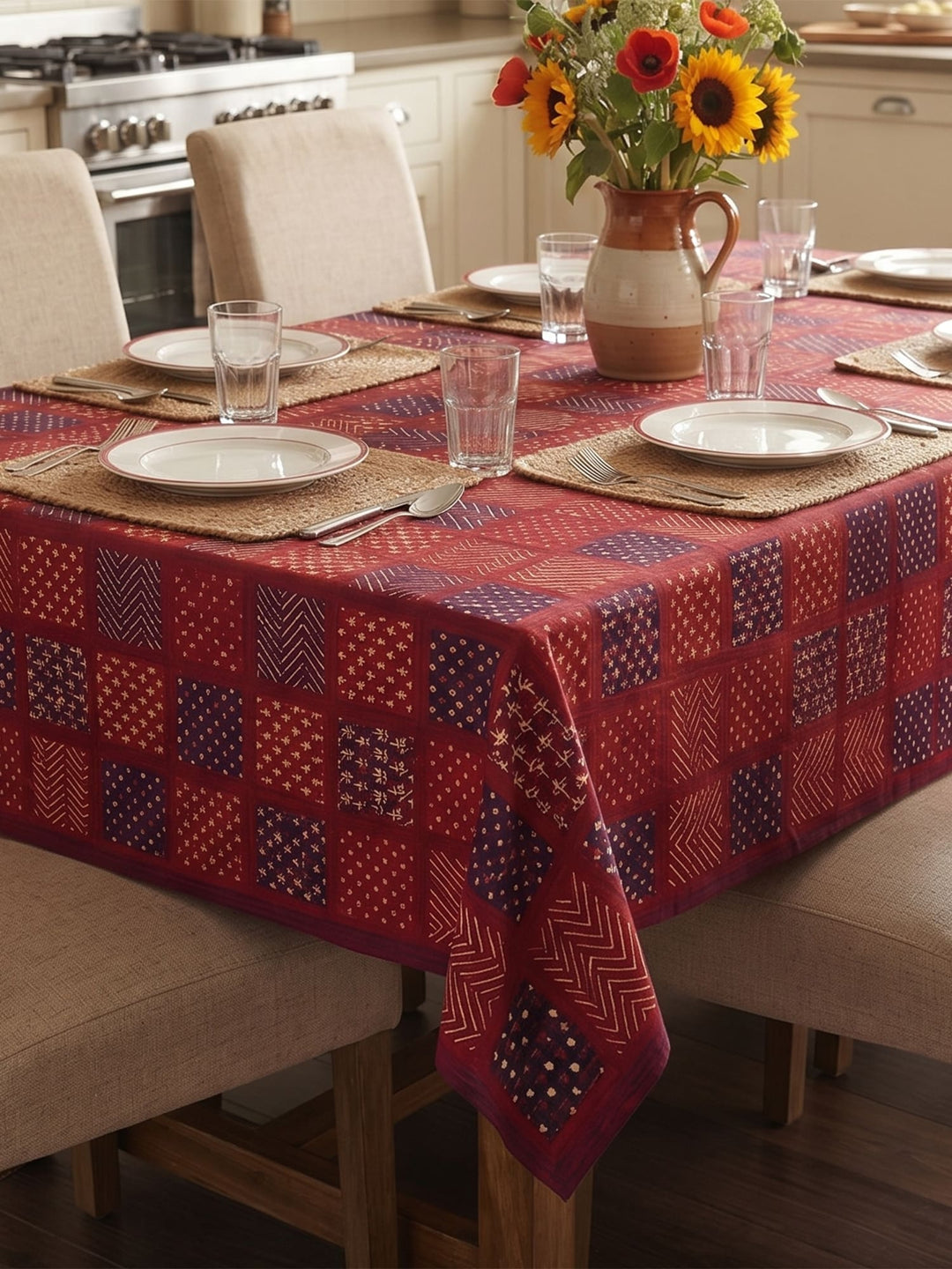 Gold Naqsh 6 Seater Table Cover - Maroon- 248
