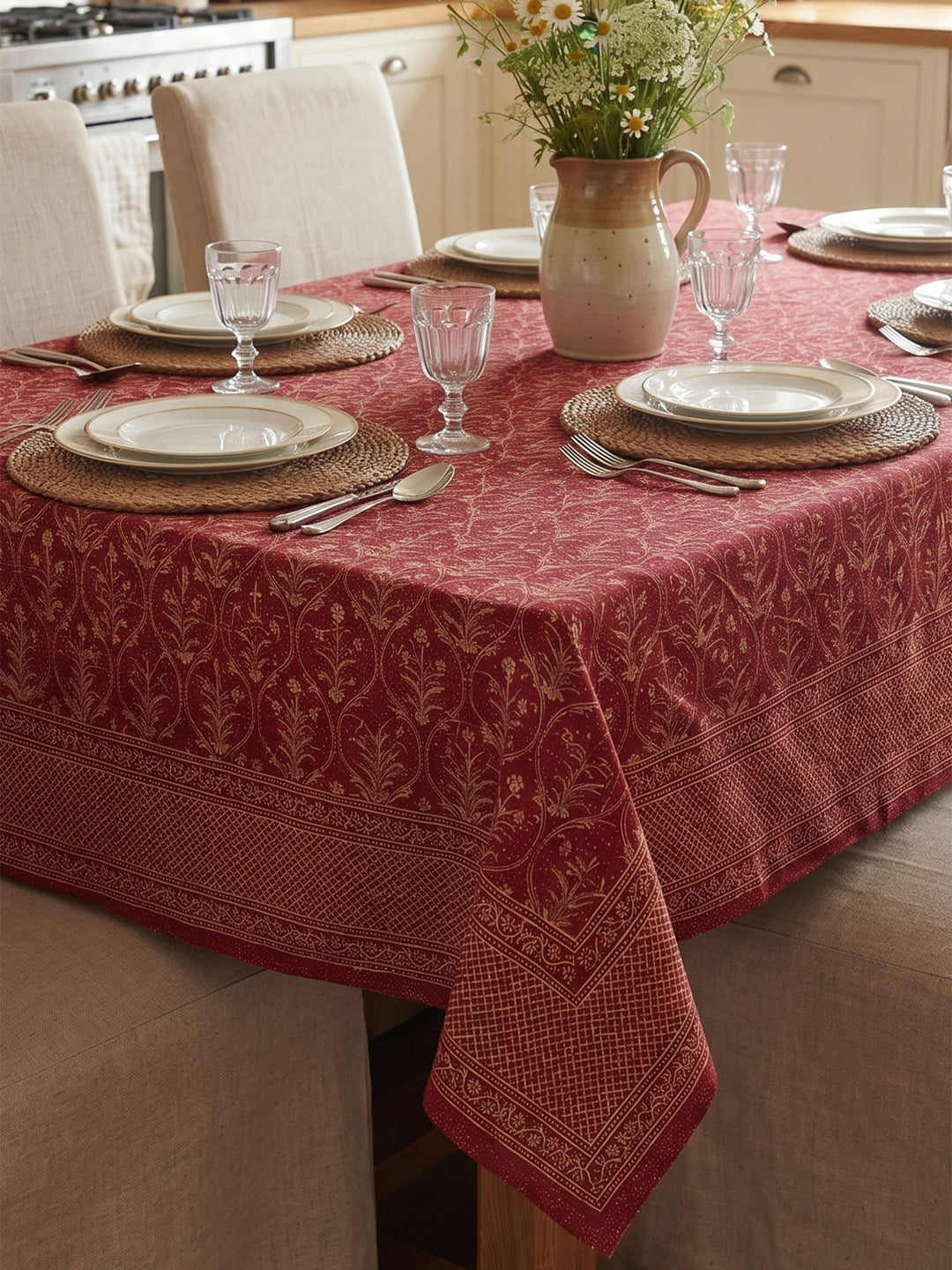 Gold Gulnaar 6 Seater Table Cover - Maroon- 252