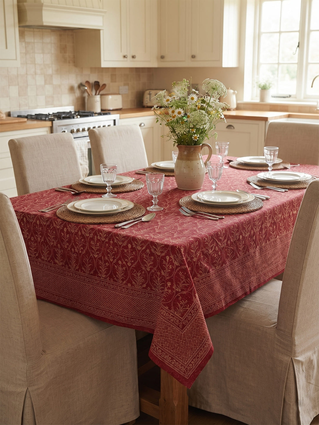 Gold Gulnaar 6 Seater Table Cover - Maroon- 252