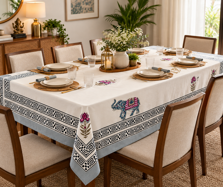 Floral Bloom 100% Cotton Table Cover 8 Seater(60 x 108 inches)  - Blue