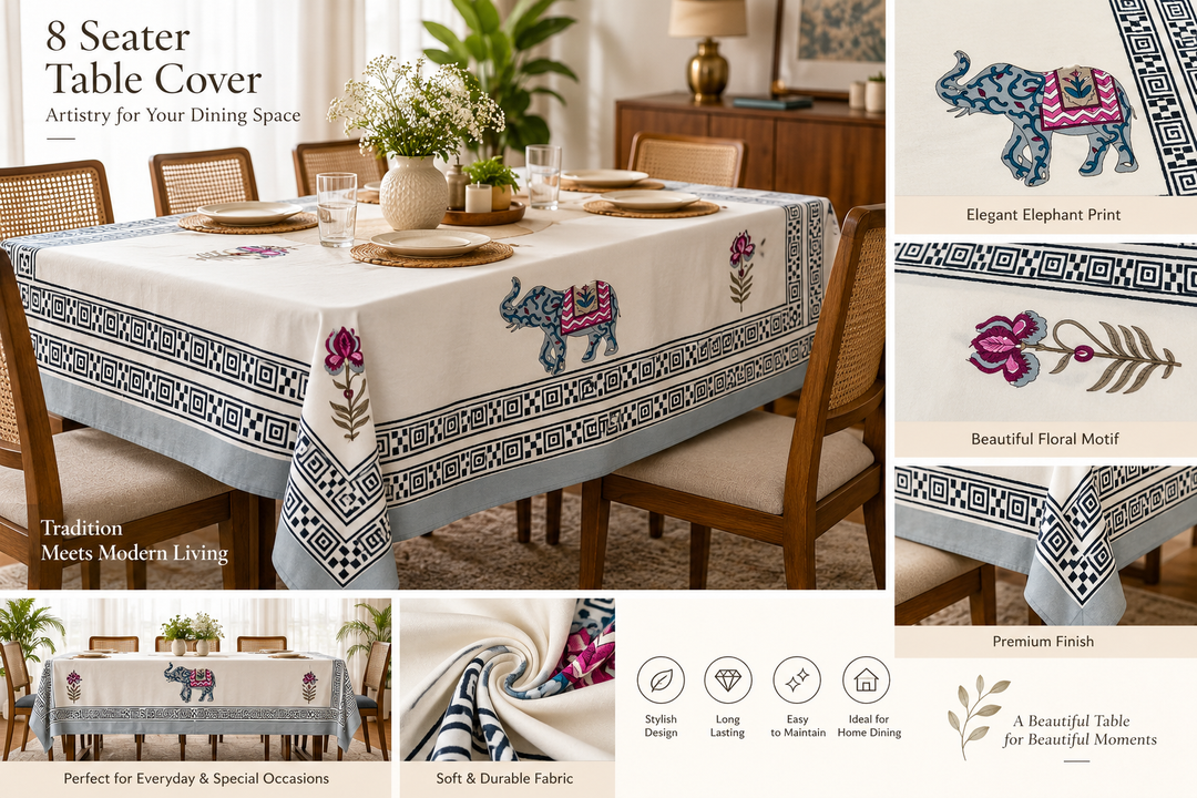 Floral Bloom 100% Cotton Table Cover 8 Seater(60 x 108 inches)  - Blue
