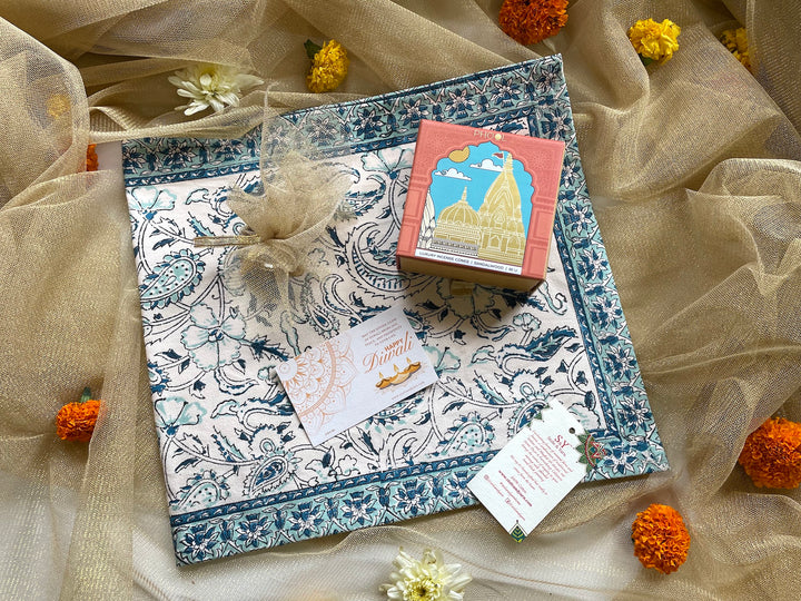 Diwali Hamper - Table Runner (13 x 54 inches) , Brass Diya, Phool Incense Cone-156