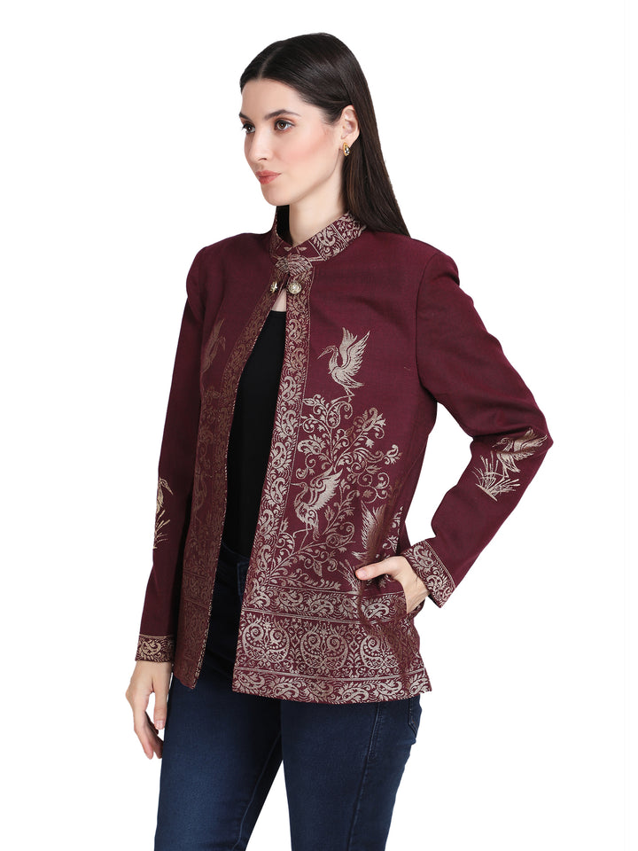 Maroon Zari Embroidered Statement Open-Front Jacket - 108