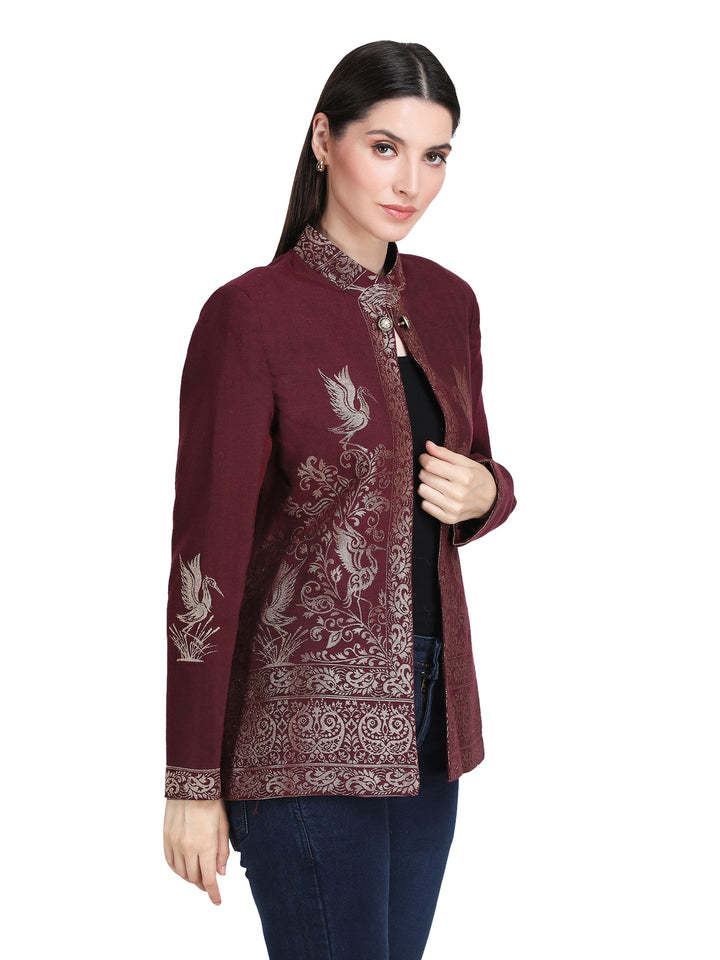 Maroon Zari Embroidered Statement Open-Front Jacket - 108