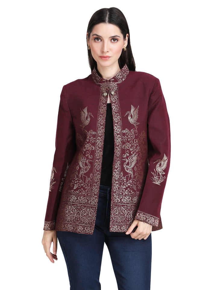 Maroon Zari Embroidered Statement Open-Front Jacket - 108