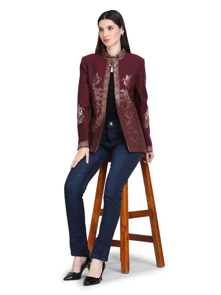 Maroon Zari Embroidered Statement Open-Front Jacket - 108