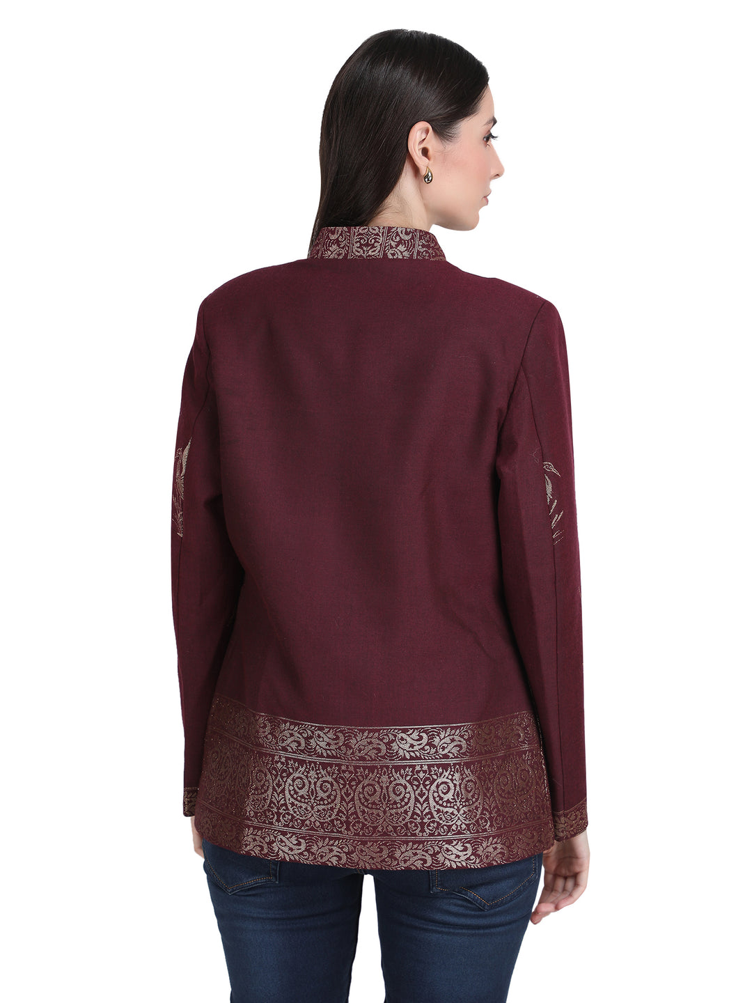 Maroon Zari Embroidered Statement Open-Front Jacket - 108