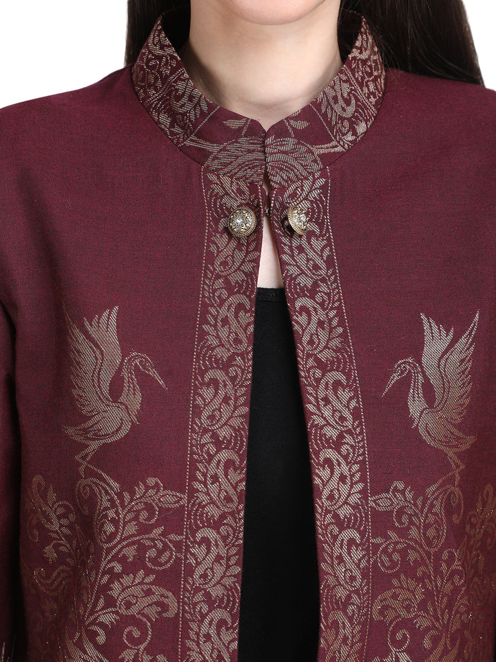 Maroon Zari Embroidered Statement Open-Front Jacket - 108